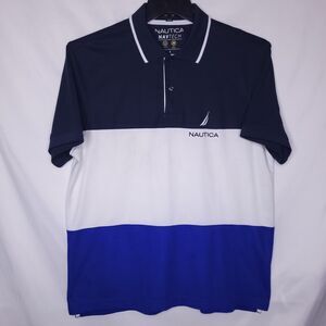 Nautica Polo Shirt Mens Large Navy, White Colorblock Wicking NavTech